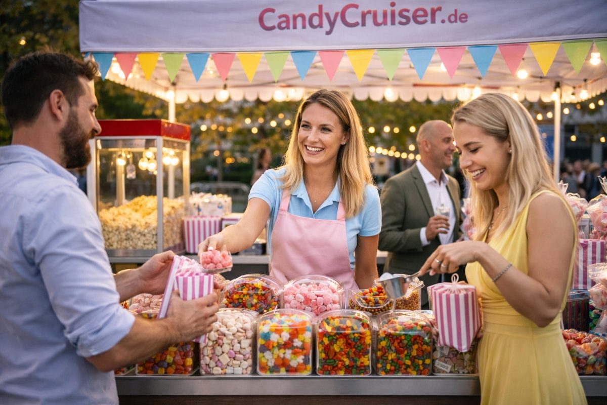 candycruiser-suessigkeiten-momente Symbolbild: Gäste an einer mobilen Candybar
